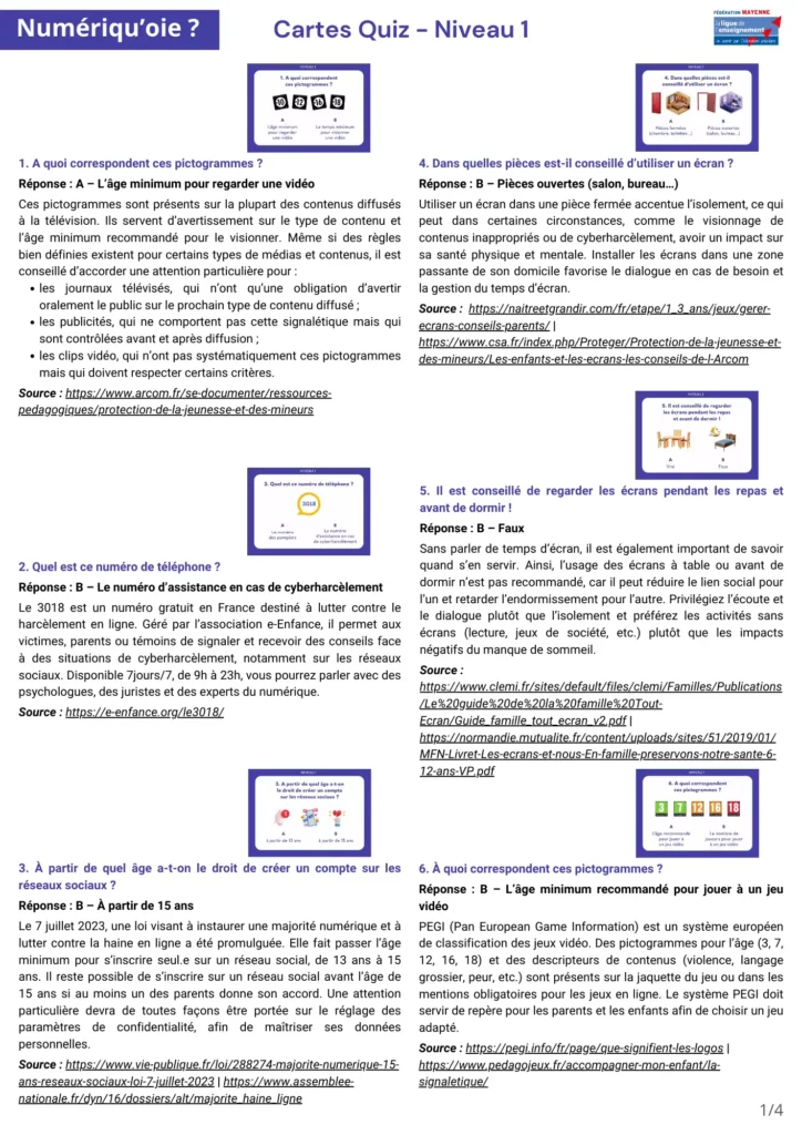 Illustration fichier PDF réponses aux cartes Quiz - niveau 1