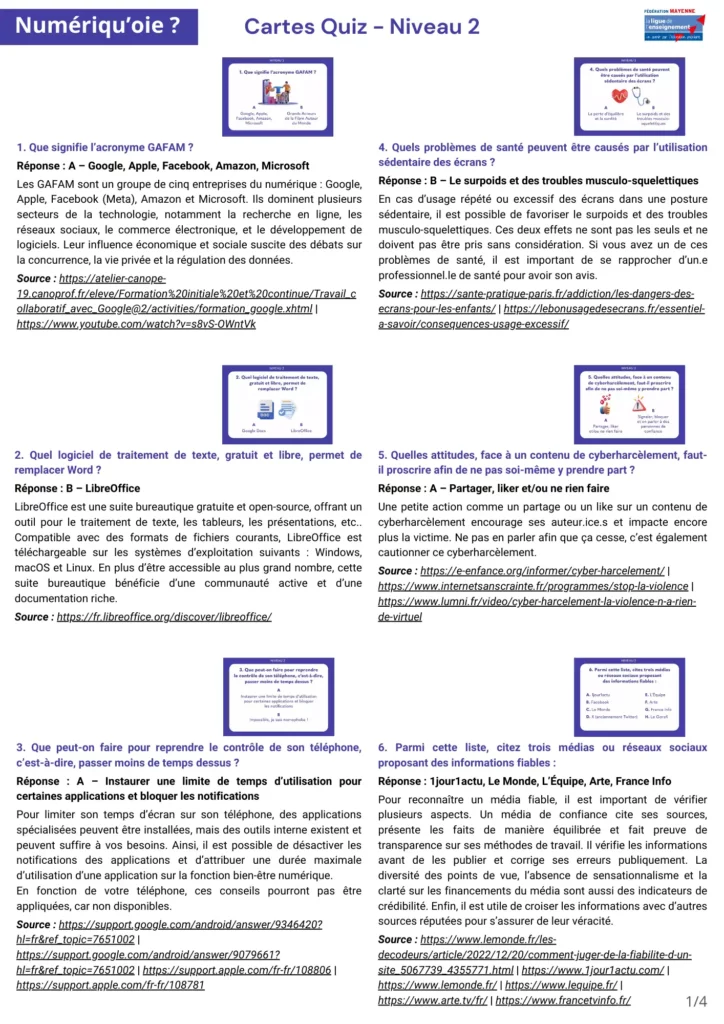 Illustration fichier PDF réponses aux cartes Quiz - niveau 2