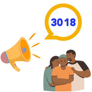 Illustration sur le conseil de la prise de parole pour les victimes ou les témoins actifs de situation d'harcèlement / cyberharcèlement, en appelant le 3018 ou en parlant à une personne de confiance